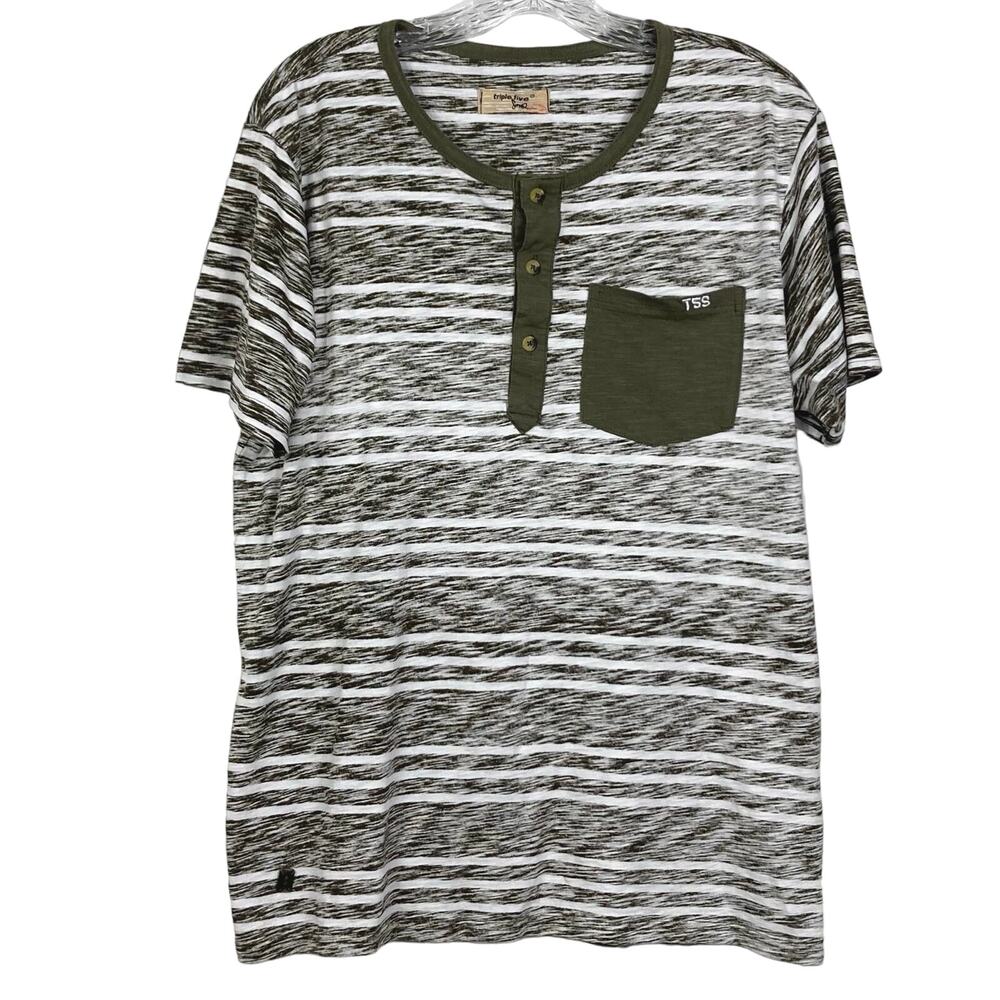 NWOT TRIPLE FIVE SOUL T-shirt M Grey Stripe Heather Henley Pocket Short-Sleeve